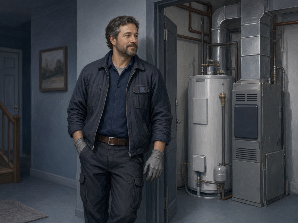 Soft illustration of a technician near residential mechanical equipment